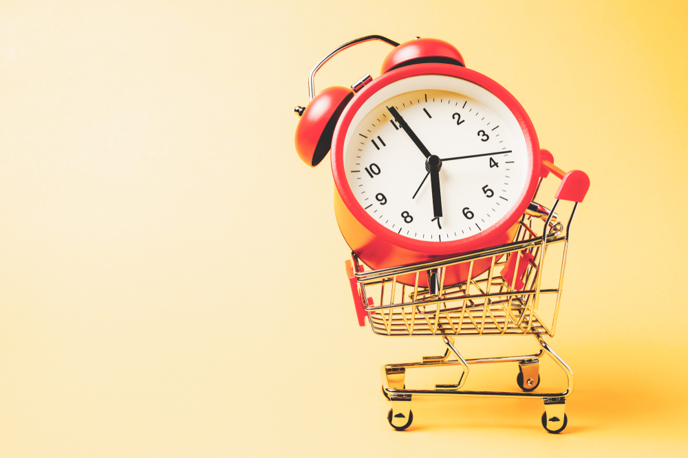 Clock in grocery cart, showing how we try to get more time!